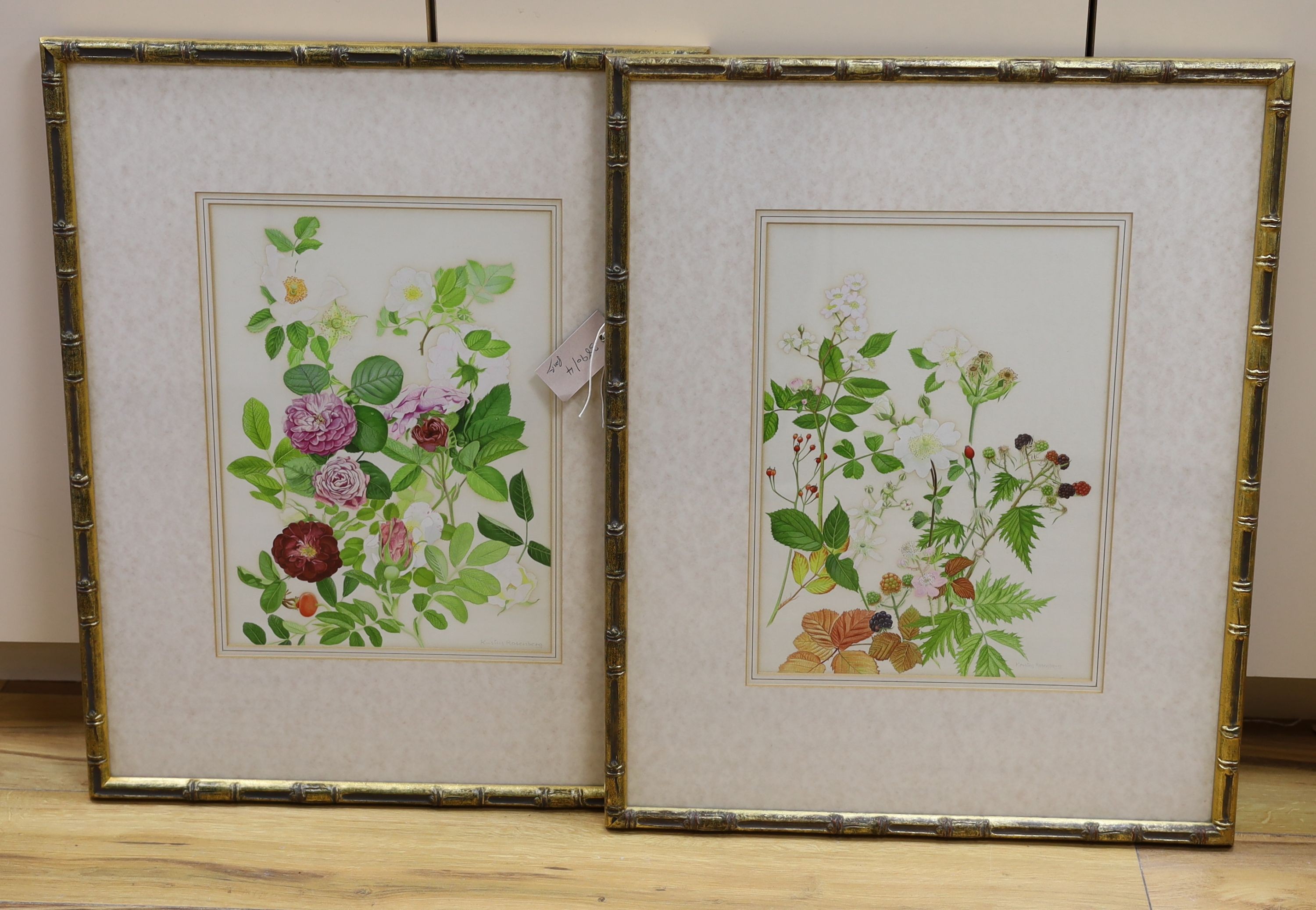 Kristen Rosenberg (b.1933). pair of watercolour drawings, Blackberries, hips, sweet briar and roses, signed, 37 x 26cm